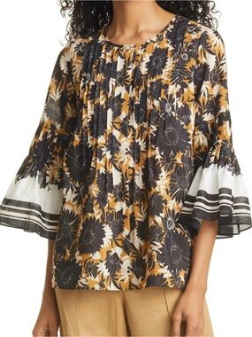 Kobi Halperin Gianna Silk Cotton Black Floral Pintuck Bell-Sleeve Blouse M